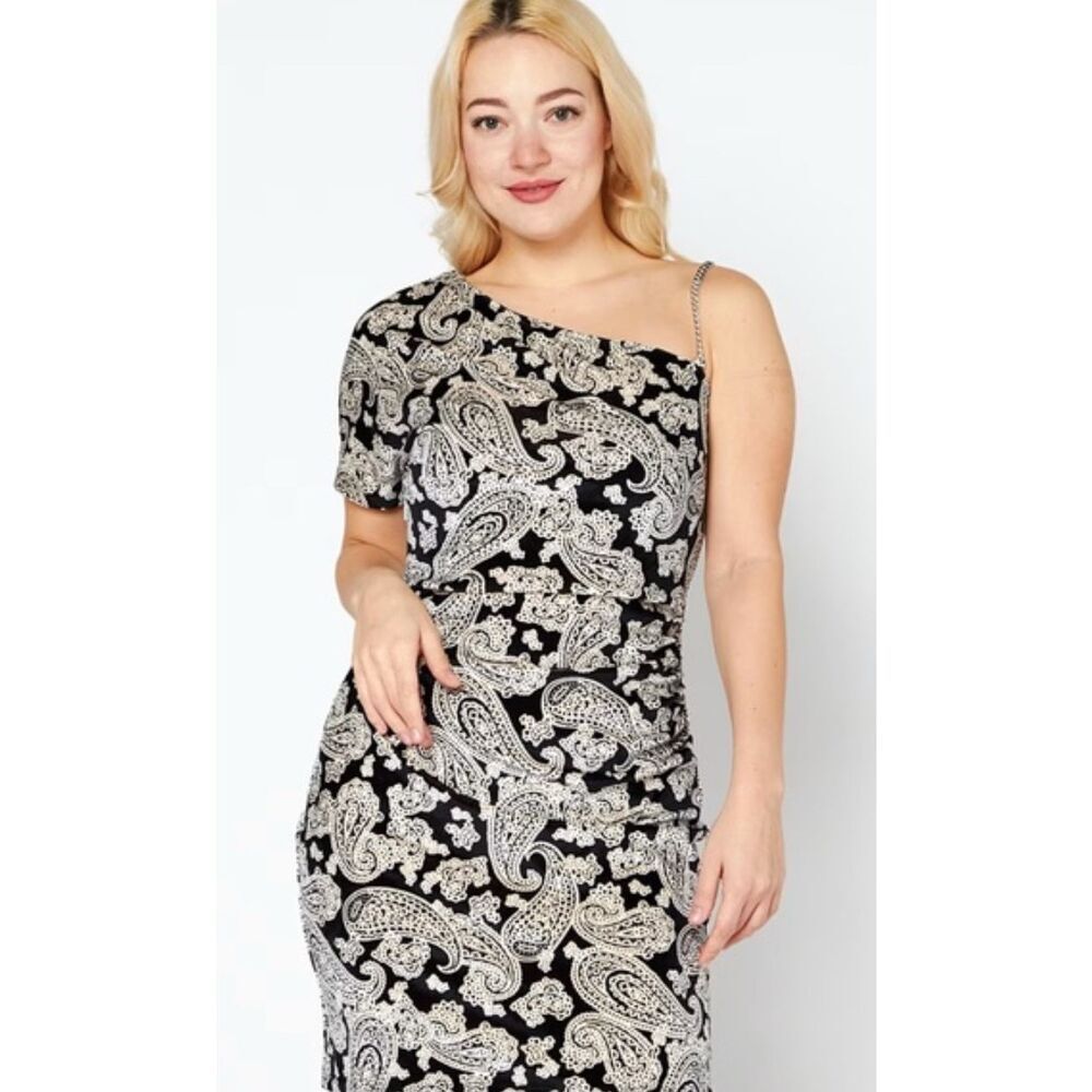 Michael Michael Kors Dress Womens 1X Plus Black White Paisley One Shoulder NWT‎